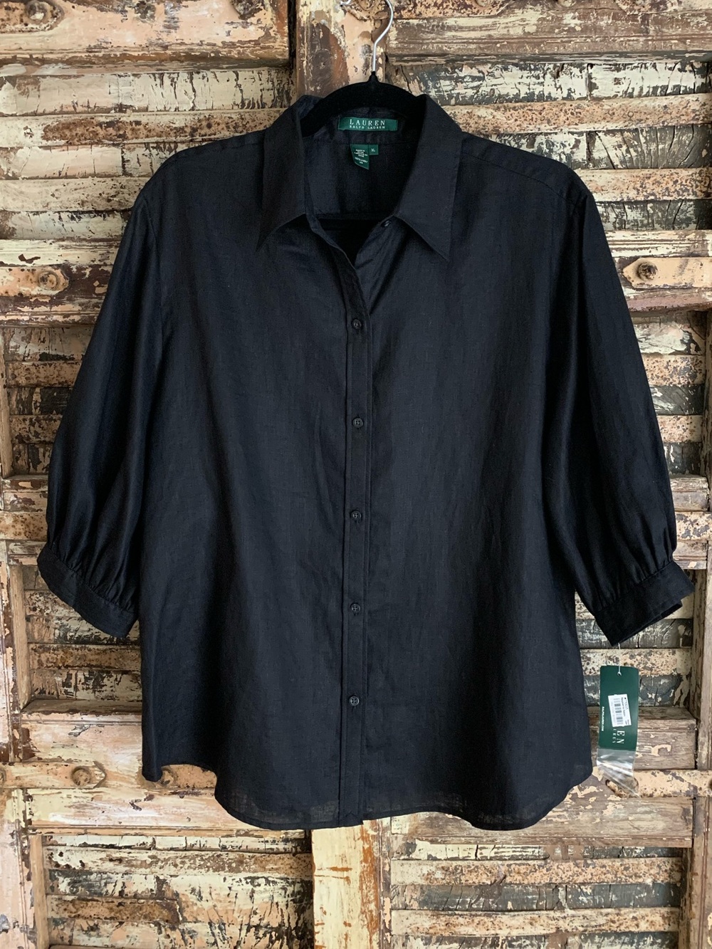 NWT Lauren Ralph Lauren Black 100% Linen Button-Up Blouse Gathered Sleeve, XL - Picture 2 of 9